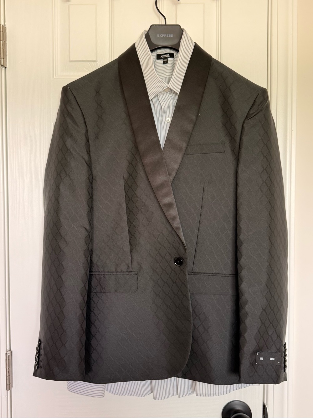 Express Men's Black Diamond-Pattern Satin Shawl Lapel Blazer